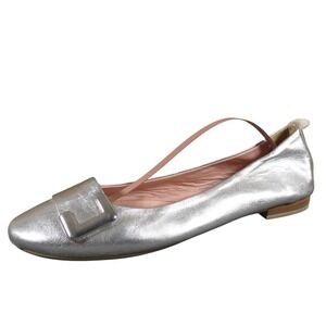 Bata Womens 38 Silver Leather Ballet Flat Slip On Casual Comfort Shoe